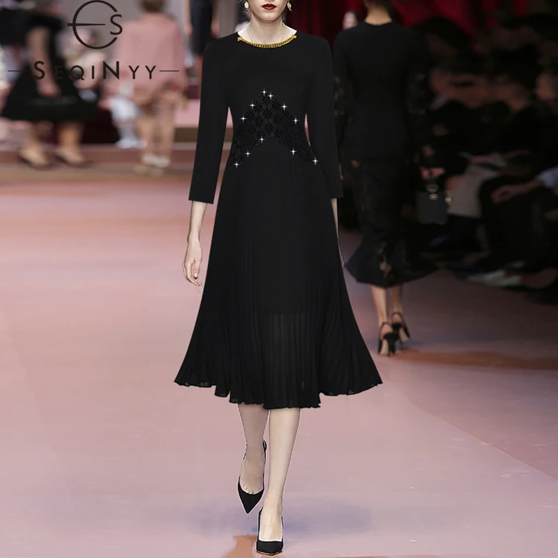 

Женское Плиссированное Платье-миди SEQINYY, элегантное модельное облегающее офисное платье с цепочкой и бисером, весна-осень