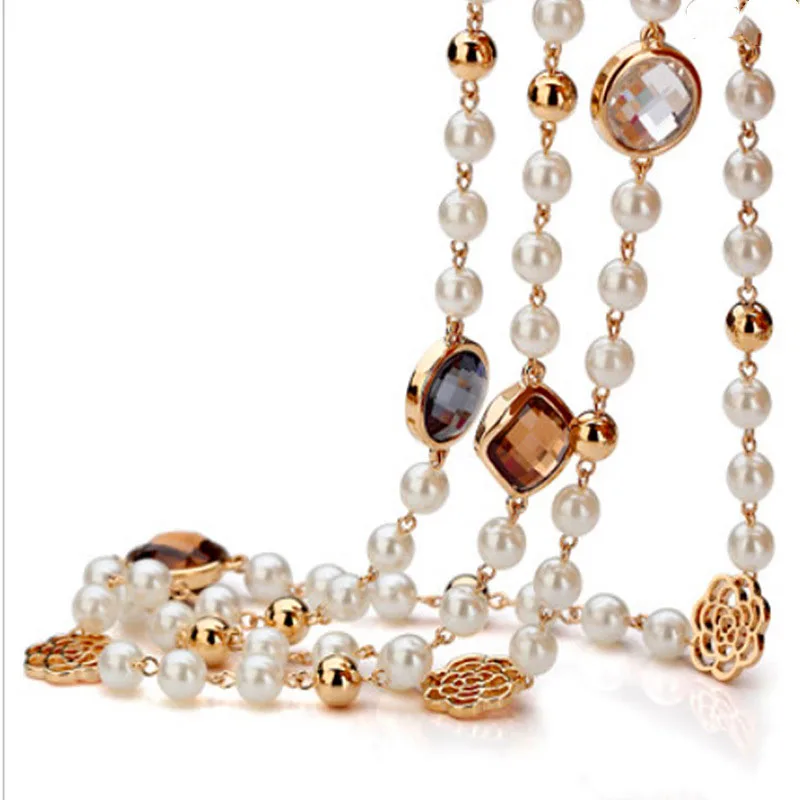 

Funmode Hot Rose Gold Color Flower Simulated Pearl Long Sweater Necklace For Women Jewelry Accessories Multi Layer NecklaceFN194