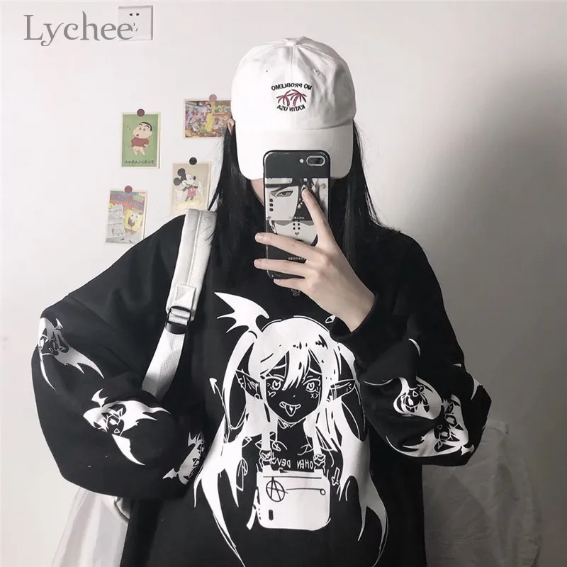 Lychee Harajuku повседневные свободные женские флисовые пуловеры темный дьявол