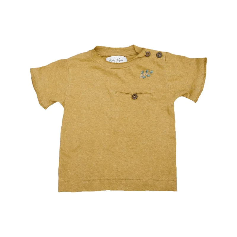 

SY Short-sleeved t-shirt 2020 new baby boys autumn retro solid color embroidery round neck bottoming short-sleeved girls top