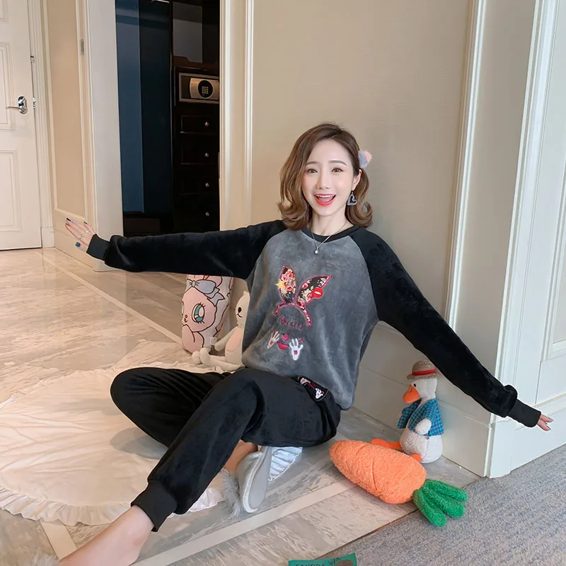 Осенняя Женская пижама черный и серый сшитый маленький новый пижамный комплект с