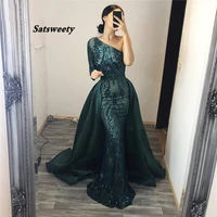 one shoulder one sleeve evening party dress sequined floor length detachable gown train burgundy green prom gowns