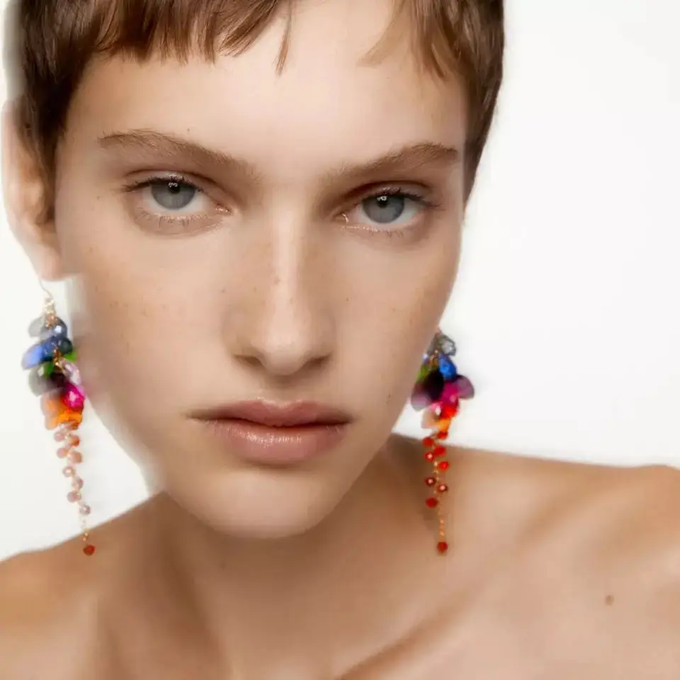 

King Shiny Luxury Multi Color Crystal Flower Tassel Earrings Vintage Geometric Gemstone Long Drop Earring Bridal Wedding Jewlry