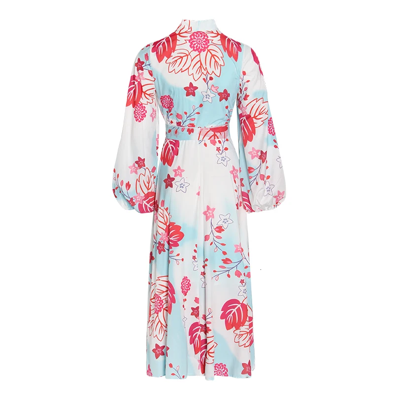 CHICEVER/осеннее платье с принтом и бантом для женщин рукавами фонариками круглым