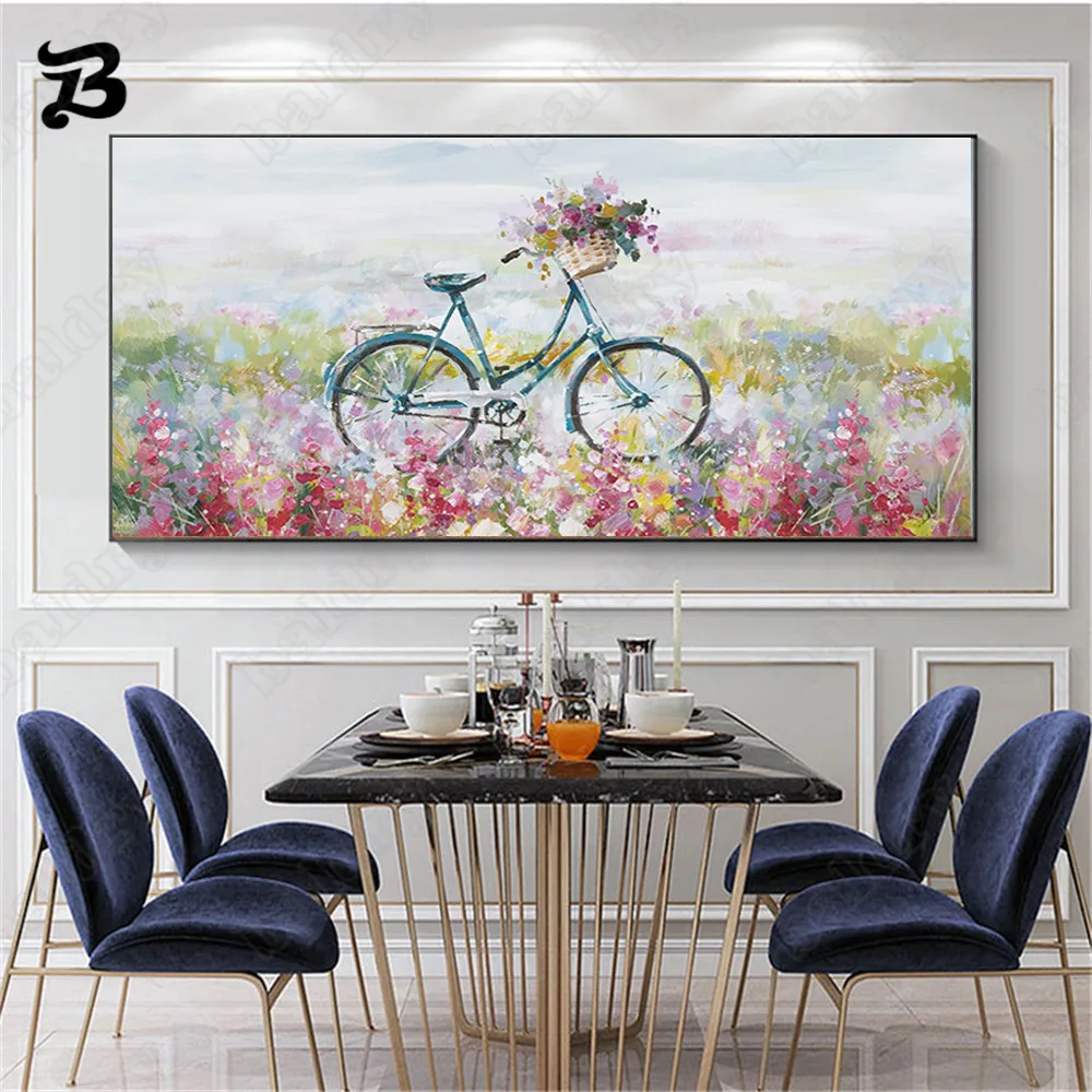 Красивая Картина на холсте в современном стиле цветы и хуапин велосипедный