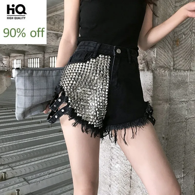 Популярные сексуальные летние женские широкие штаны с высокой талией заклепками