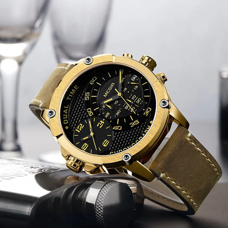 Хронограф megir спортивные кварцевые часы для мужчин с двумя часовыми поясами