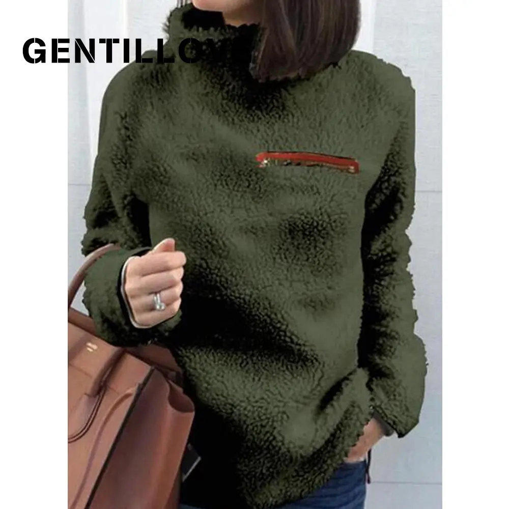 

Gentillove Women Autumn Winter Turtleneck Faux Fur Warm Sweatshirt Female Zipper Solid Pullovers Loose Casual Oversized Tops