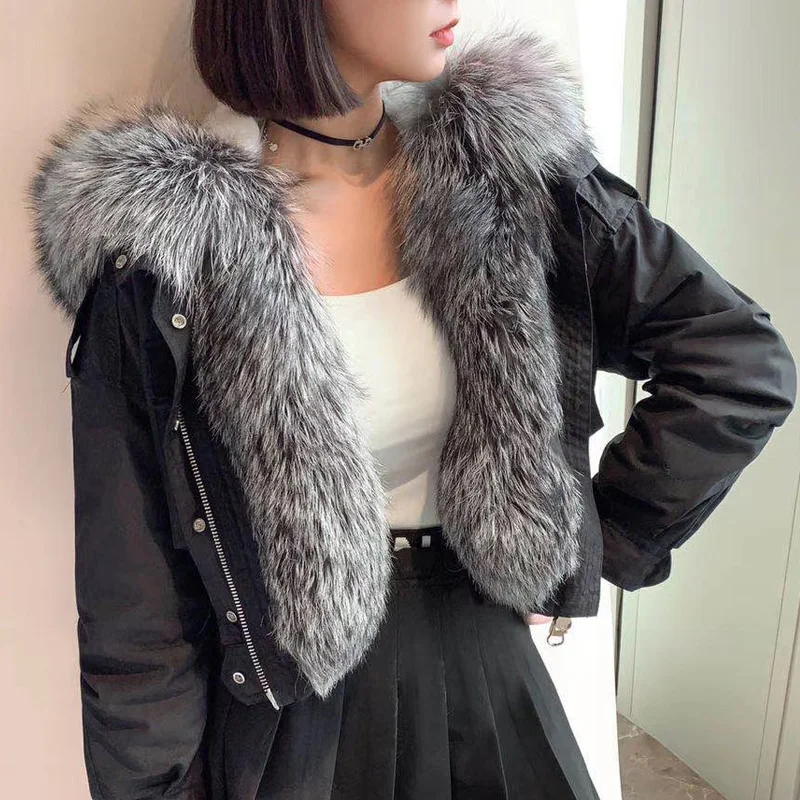 

Janveny 2020 Luxury Women's Detachable Real Durable Lamb Fur Line Natural Fox Fur Hooded Short Female Parka Fur Bomber Jacket