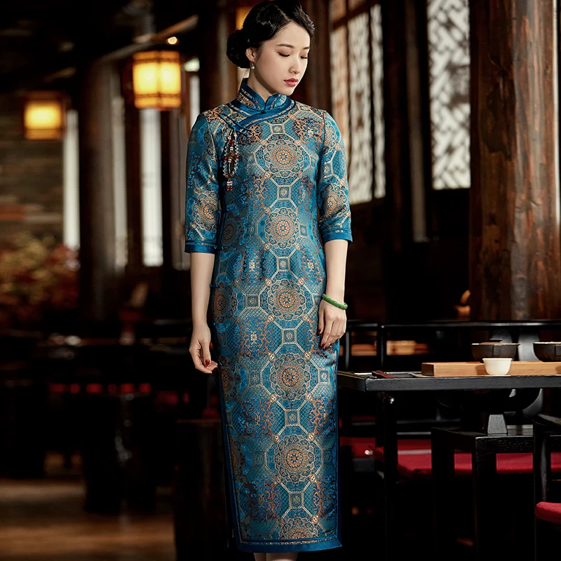 

wind restoring ancient ways of new fund of 2021 autumn winters silk brocade long dress elegant temperament qipao dress