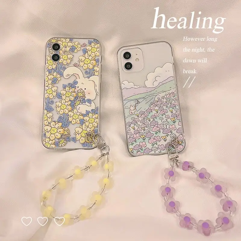 

Mobile Phone Case For Iphone13 Fresh Floral Pattern Protective Shell With Bracelet Back Cover Replacement Shell for Smartphone
