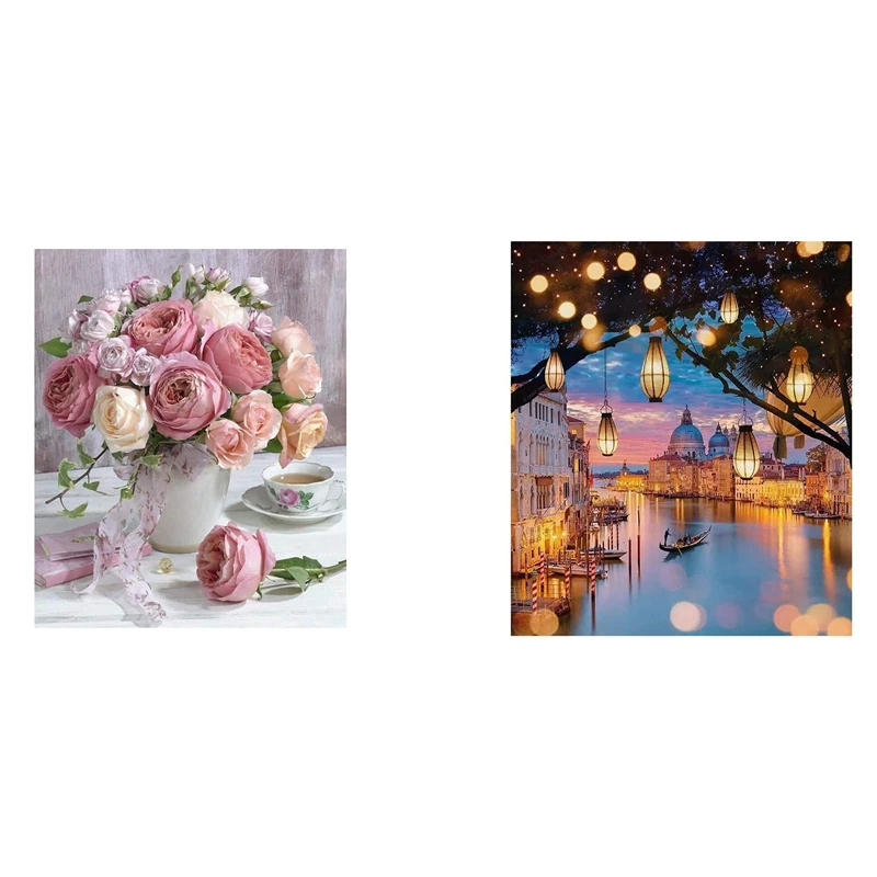 

HOT 2 Set 5D Diamond Painting Cross Stitch Home Decoration, Roses Flower & Night Scenery