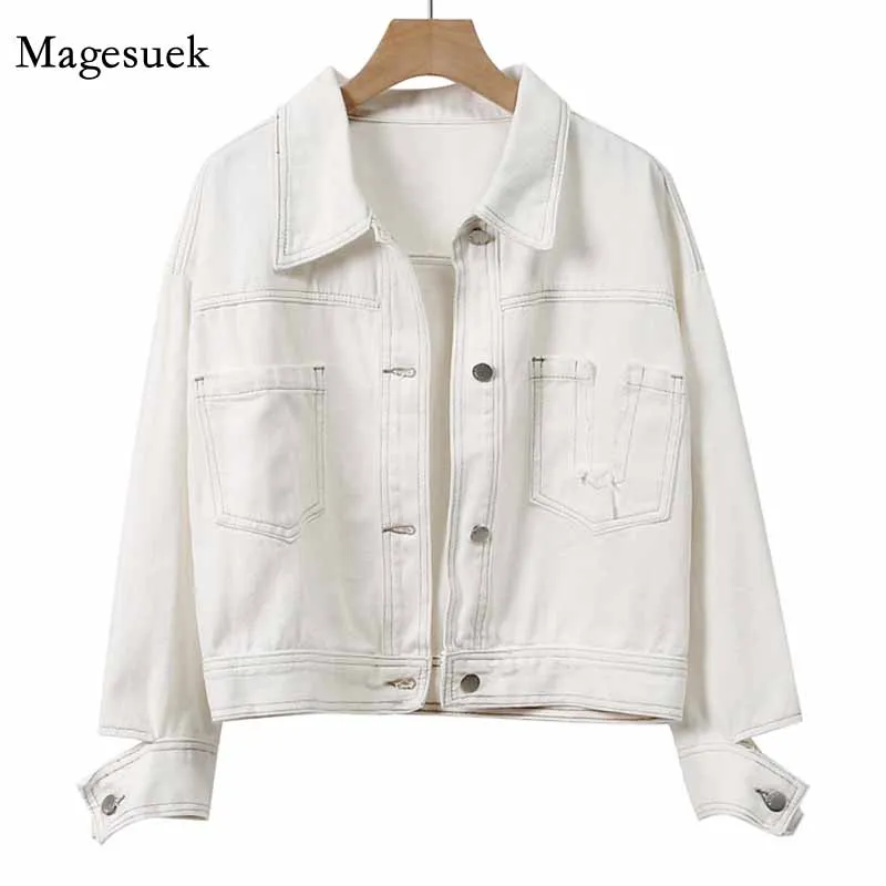 

Early Autumn 2020 Solid White Women's Open-stitched Denim Jacket Loose Casual Workwear Jacket Cardigan Lapel Pocket Tops 11995