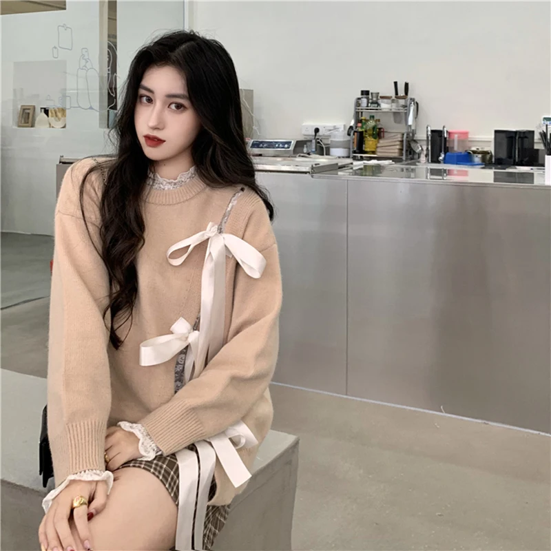 

Big Zize Bow Knitting Loose Fit Round Neck Long Sleeve Women Pullovers New Fashion Tide Autumn Spring 2021 1DD0227