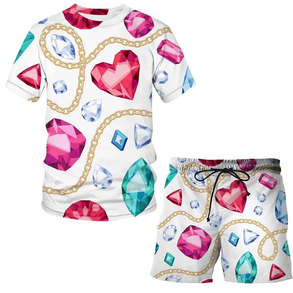 

Short-Sleeved T-Shirt And Shorts For Boys Summer Suit Cartoon Iron chain 3D Graphics Print Luxury Style Costumes Men clothing