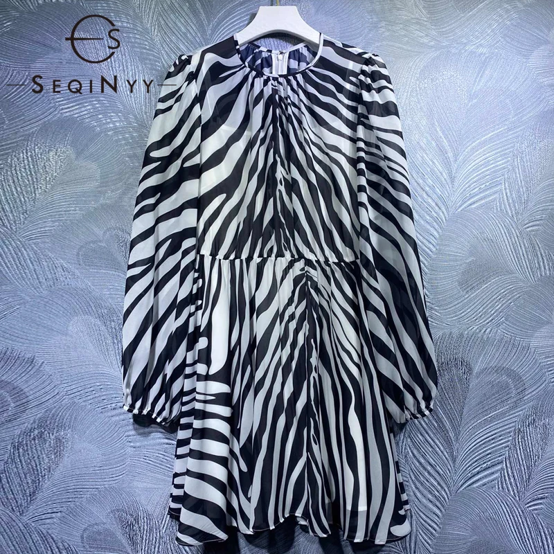 SEQINYY Chiffon Mini Dress Summer Spring New Fashion Design Women Runway High Street Zebra White Black Print Holiday Casual