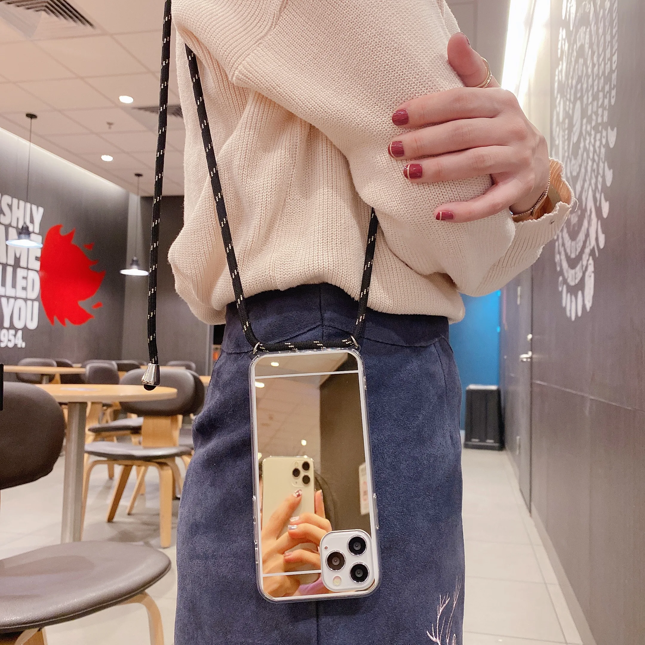 phonecase Fashion Make Up Mirror Phone Case for iPhone 12 Mini 11 Pro XS Max XR 7 8 Plus Necklace Cord Chain Hanging Rope Crossbody Cover peel case