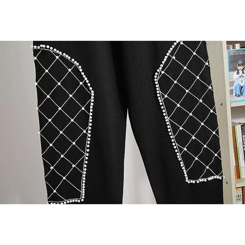 

Black Knitting Suit Outfits Women Beading Plaid Pullover Sweater Long Pencil Pants Two Piece Set Casual Knitted Tracksuit Female