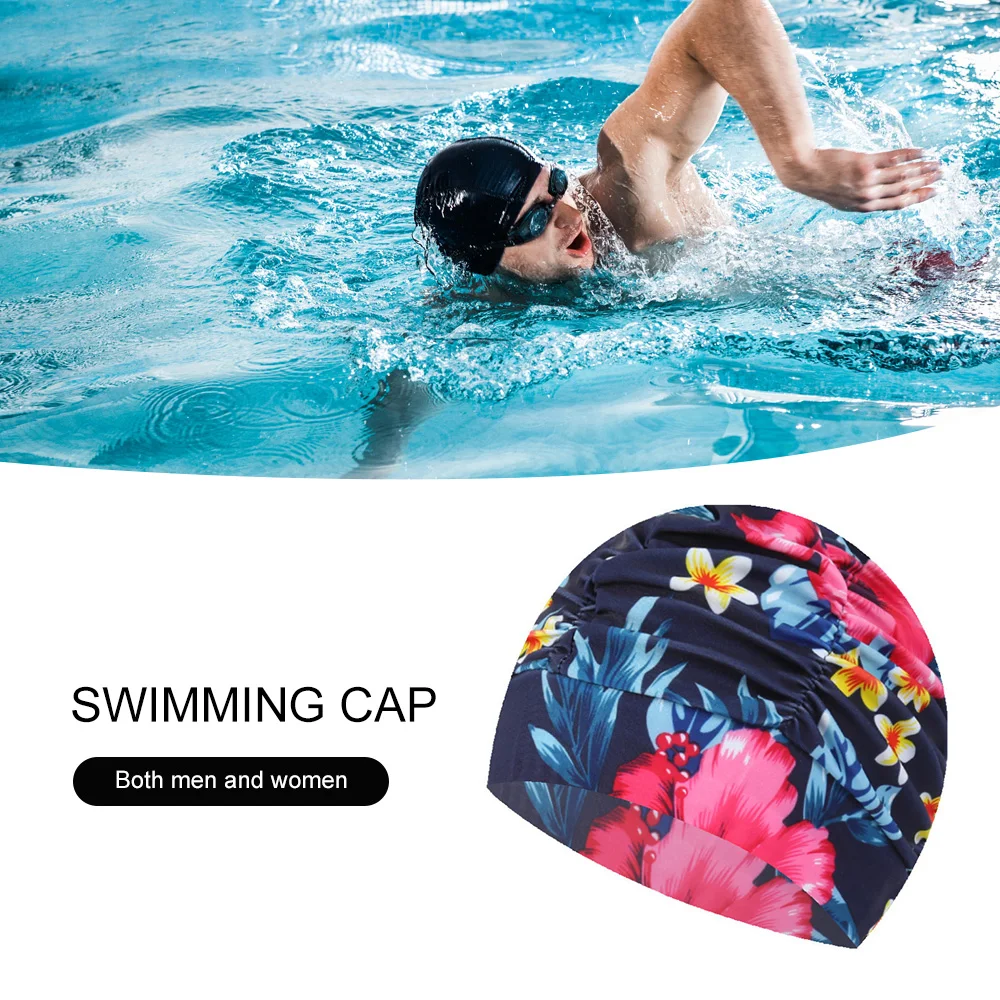 Swim Cap Flowers Printed Pleated Long Hair Swimming Nylon Turban Elastic Stretchable Bathing Hat for Beach Pool | Спорт и