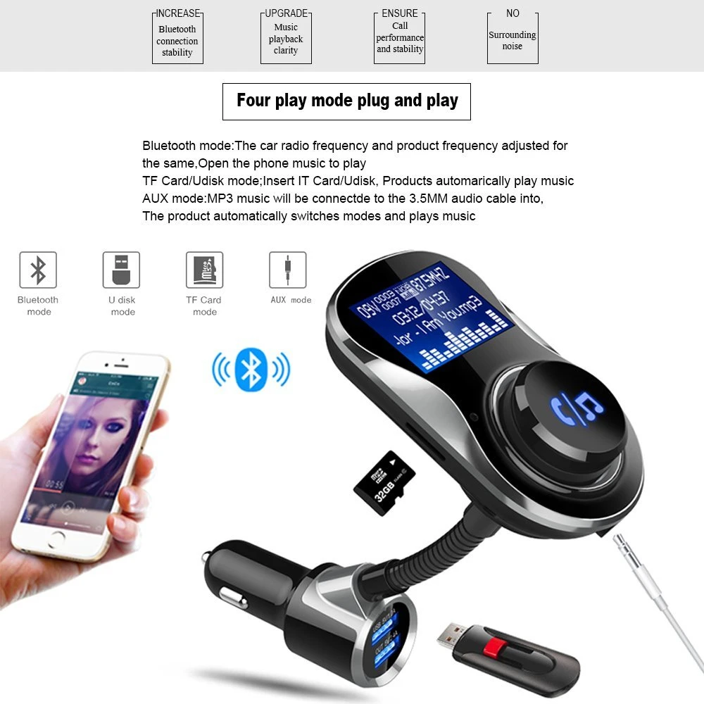 Bluetooth Handsfree Aux Car Kit FM Transmitter Wireless Radio Adapter with Dual USB Ports and 1.4 inch Display Screen | Электроника