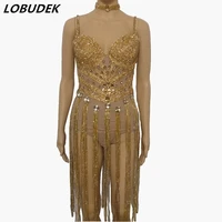 shiny gold diamond rhinestones tassel bodysuit women singer dancer stage wear bar nightclub party performance leotard costume