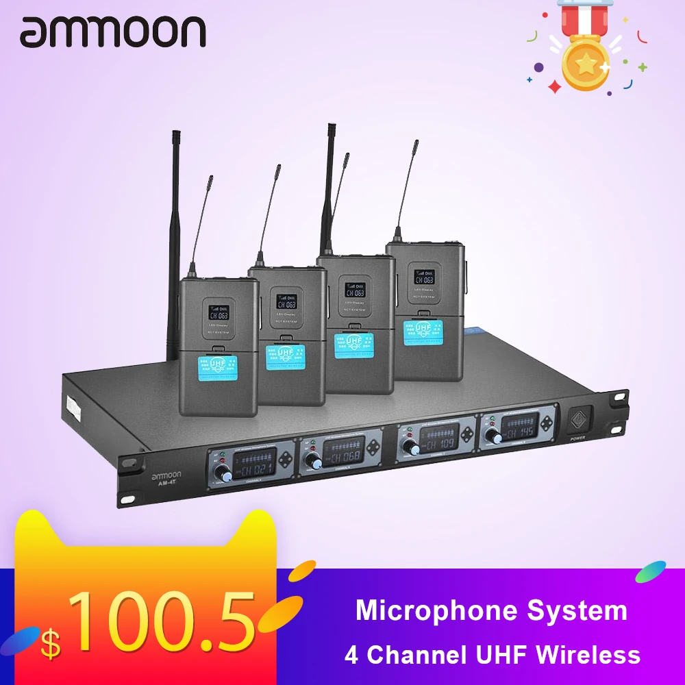 Ammoon 4T профессиональная 4-канальная UHF беспроводная гарнитура микрофон Система 4 микрофона 1 беспроводной приемник
