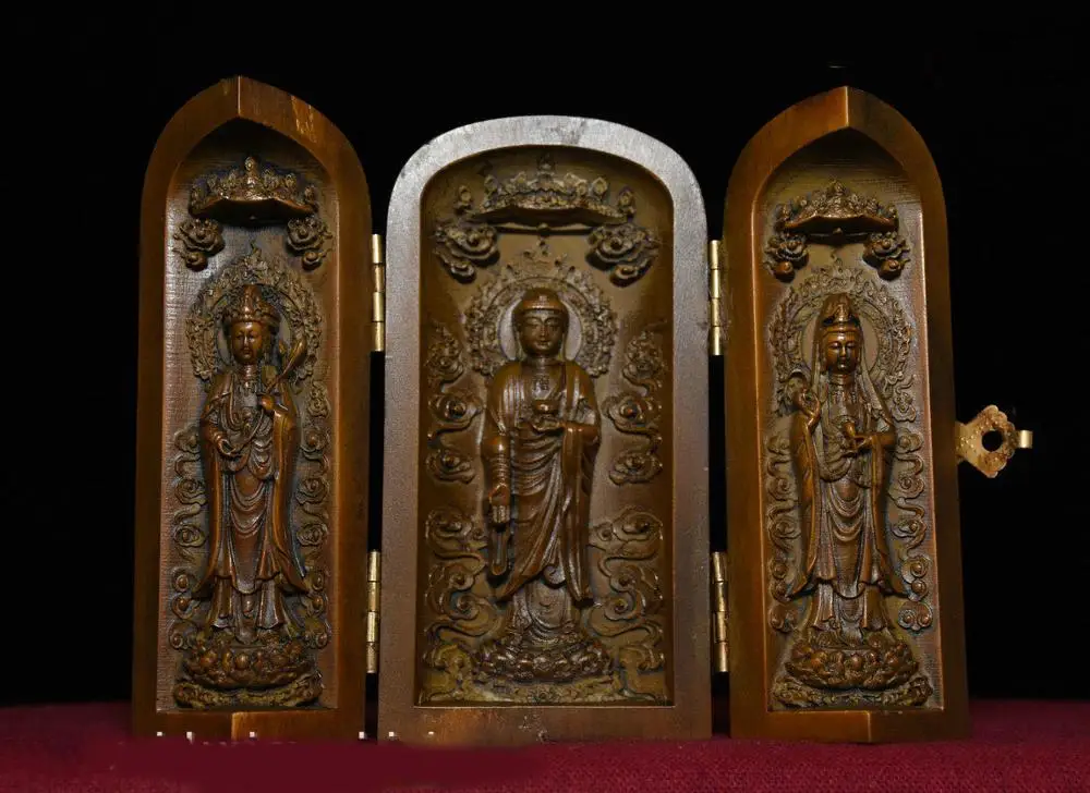 

wedding decoration Chinese Boxwood Wood Carved Sakyamuni Kwan-yin GuanYin West 3 Buddha Statue Box