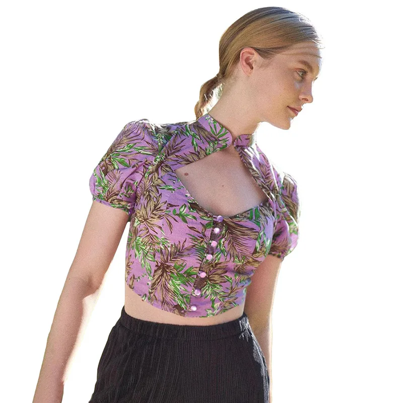 

2021 Summer New Women's Round Neck Short Sleeve Fashion Printed Cardigan Hollow Short T-shirt Crop Top Women