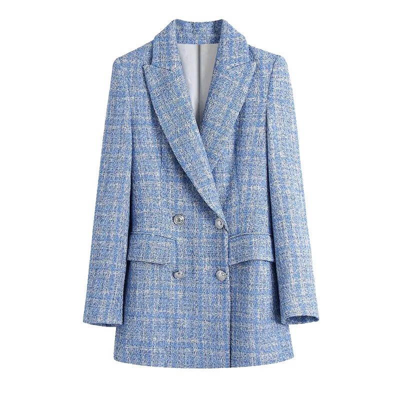 

Women 2021 Fashion Double Breasted Tweed Check Blazers Coat Vintage Long Sleeve Pockets Female Outerwear Chic Veste