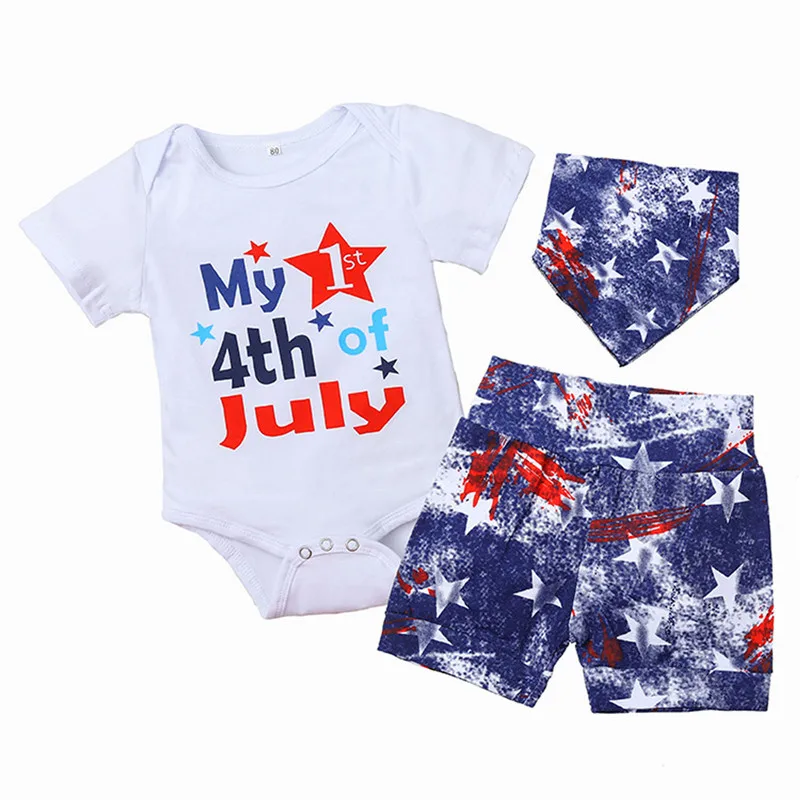 

3Pcs Baby Independence Day Outfit Letter Print Short Sleeves Romper + Star Print Shorts + Bib Suit for Toddler Girls Boys