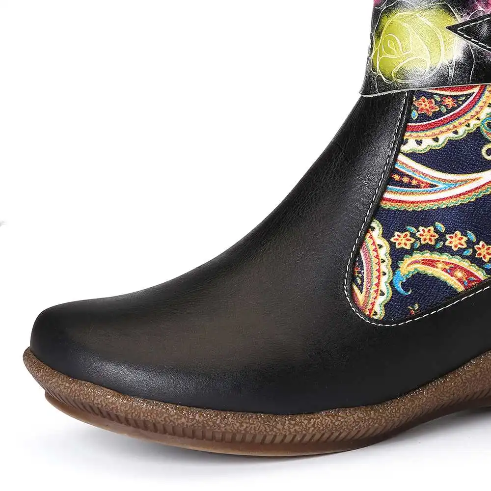 SOCOFY botas mujer; удобные черные ботильоны из натуральной кожи на плоской подошве в стиле ретро с рисунком розы; женская обувь на каблуке; вечерние зимние ботинки; коллекция года