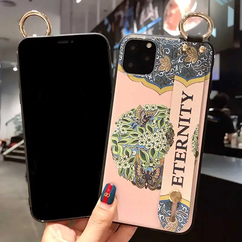 boucho vintage flower case with wrist strap for iphone 11pro xs max 11 pro max xr 7 6 6s 8 plus soft silicone phone case cover free global shipping