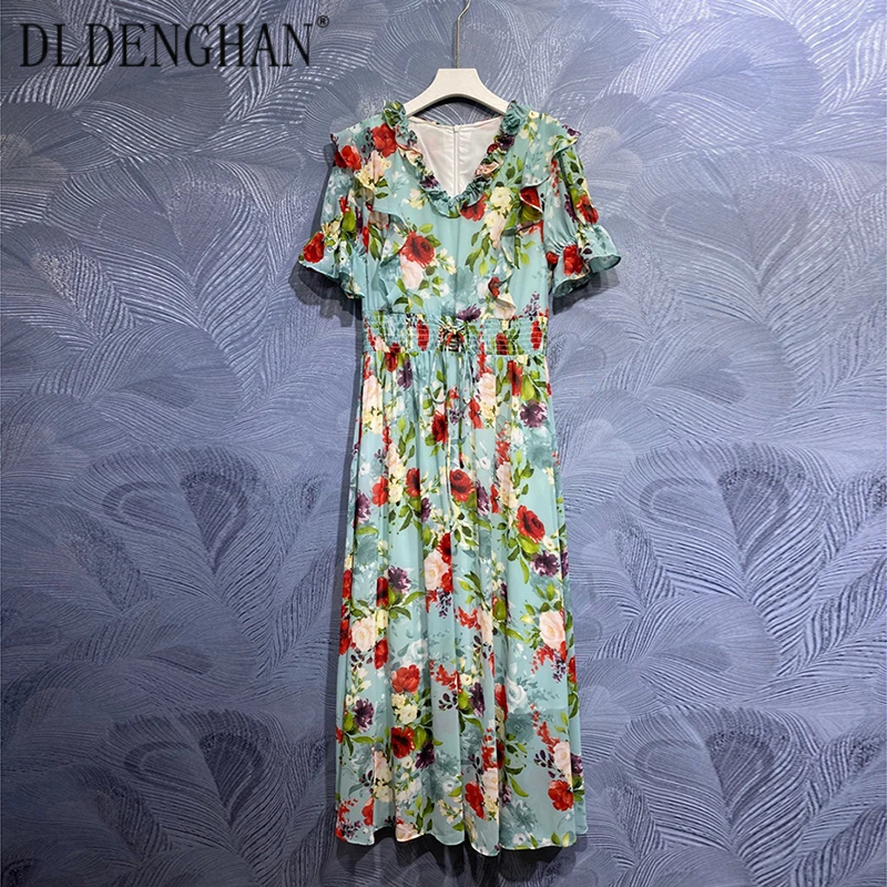 

DLDENGHAN Fashion Designer Summer Chiffon Dress Women's V-Neck Ruffles Flare Sleeve Rose Floral Print Elastic Waist Long Dresses