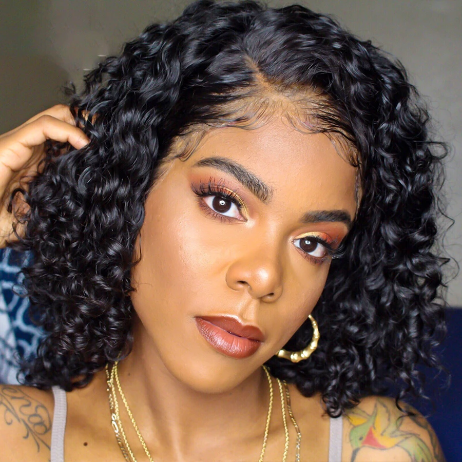 

Middle Part Preplucked Kinky Curly Short Cut Bob Lace Front Synthetic Wig for Black Women With BabyHair 180% Density Glueless