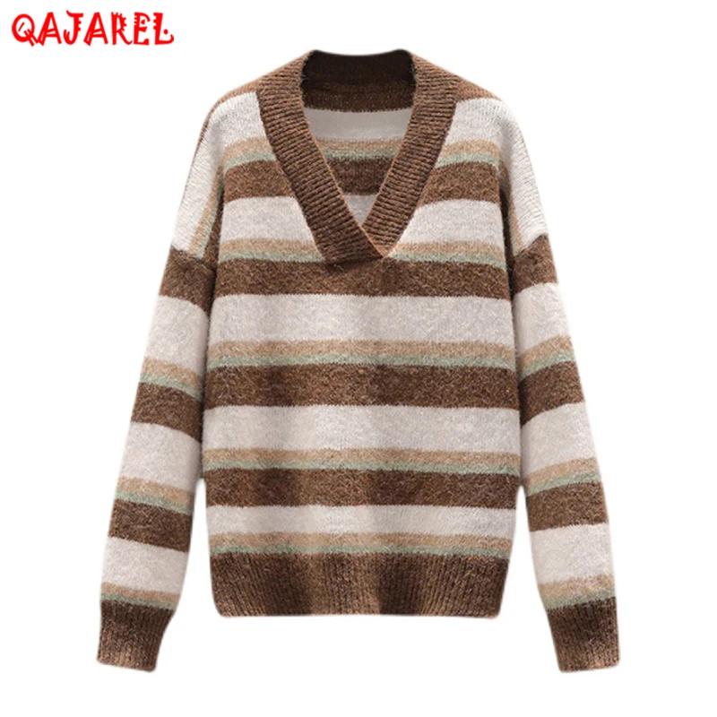 

Women Striped Knitted Cotton Thick Warm Pullovers Autumn Winter Korean Vintage Casual Top Sweaters 2022 Elegant Bodycon Sweaters