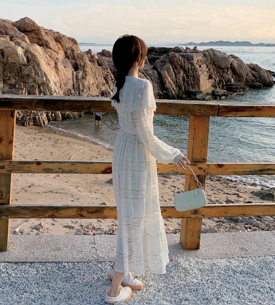 

2020 Autumn and Winter French High Waist V-neck Hollowed-out A- line Large Skirt Ruffles Long Lace Dress Women