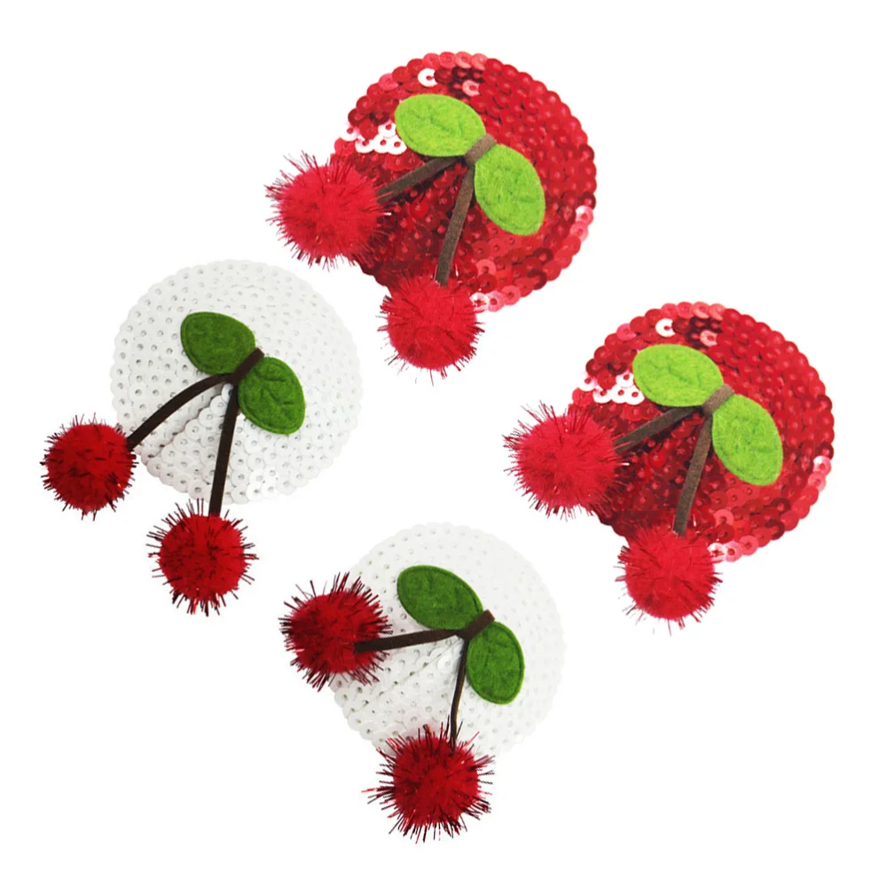 

2 Pairs Sequins Round Base Cherry Plush Decor Nipples Stickers (White, Red)