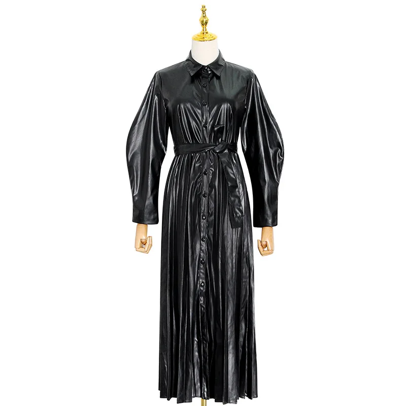 

Vogue of new fund of 2021 autumn lapel sheep leg sleeve single-breasted PU leather show thin dress dress