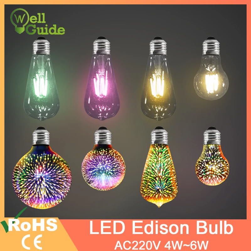 Светодиодная лампа E27 3D украшение праздничное освещение 220V 6W фейерверк Edison Led ST64