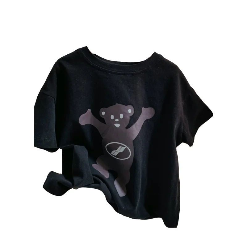 

2021 New Cartoon Zipper Bear Print Brand Luxury Design Oversized T-shirts Children's Clothing Boys Girls Clothes for Teenagers