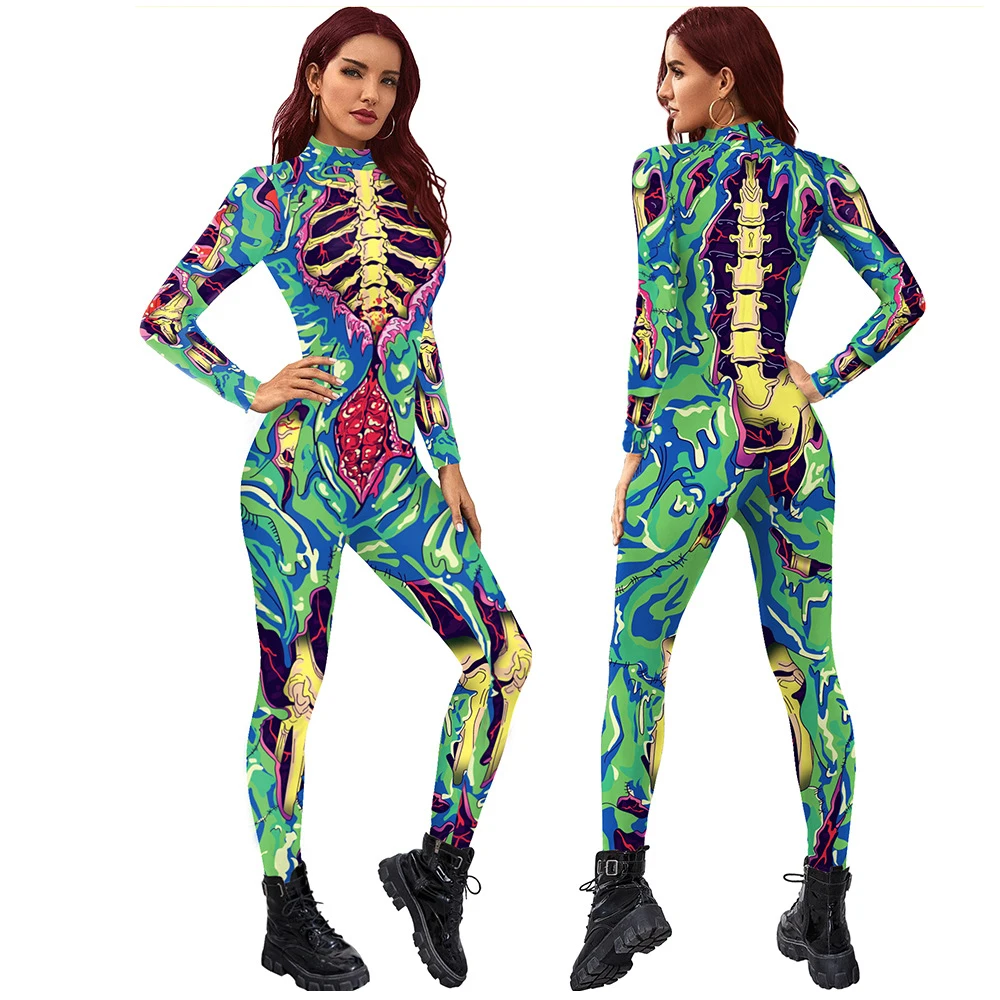 

Colorful Skeleton Halloween Costumes For Woman Human Skull Cosplay Slim Jumpsuit For Adults Performance Show