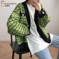 woman sweater tweed long batwing sleeve cardigan knitted coat midi 2021 spring v neck single breasted pearl button korean style