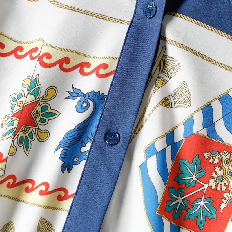 

AELESEEN 2021 Spring New Shirt Dress Runway Fashion Long Sleeve Turn-down Collar Blue Cartoon Print Split Belt Elegant Dress