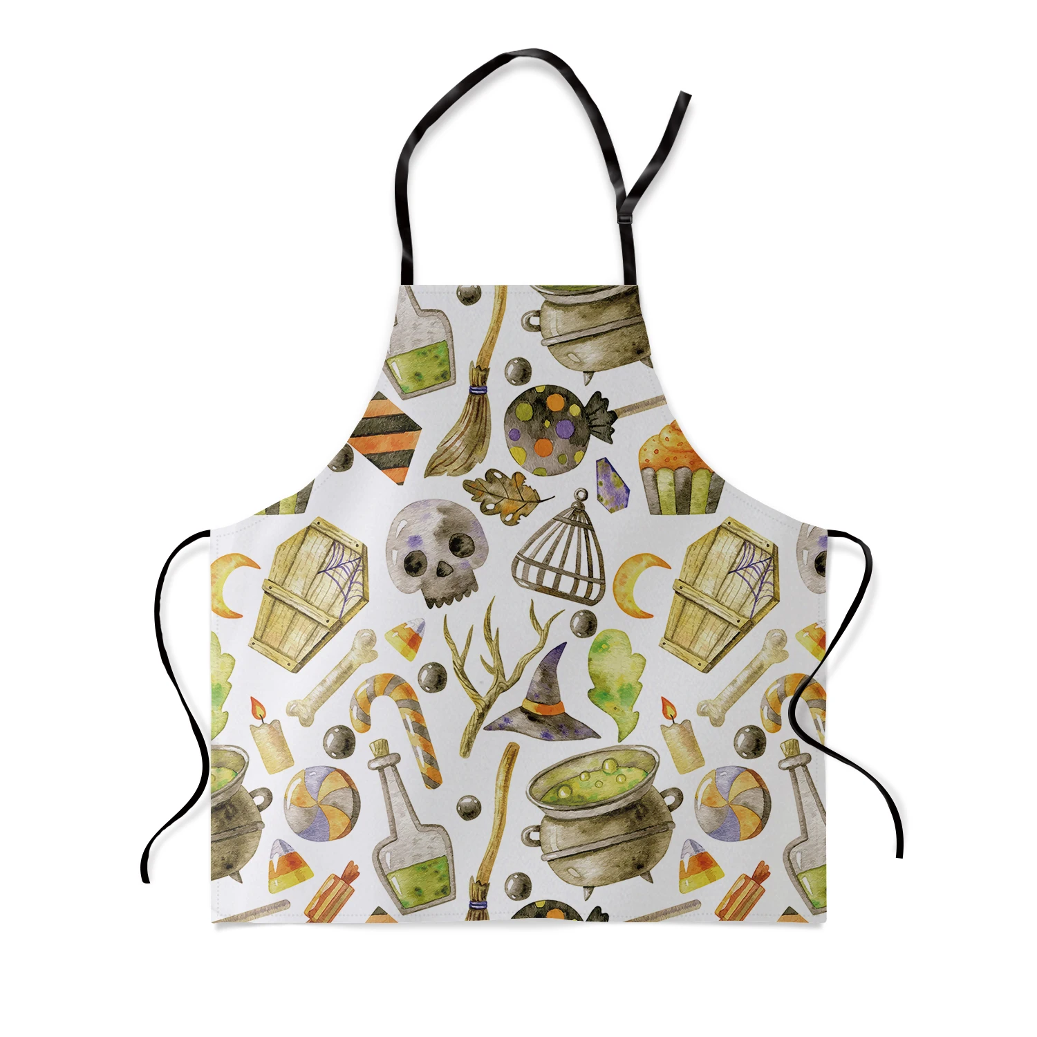 Halloween Theme Witch Hat Broomstick Skull Decorations Pattern Kitchen Apron Women Adult Female Home Cooking Baking Cleaning Aprons Bibs Tools |