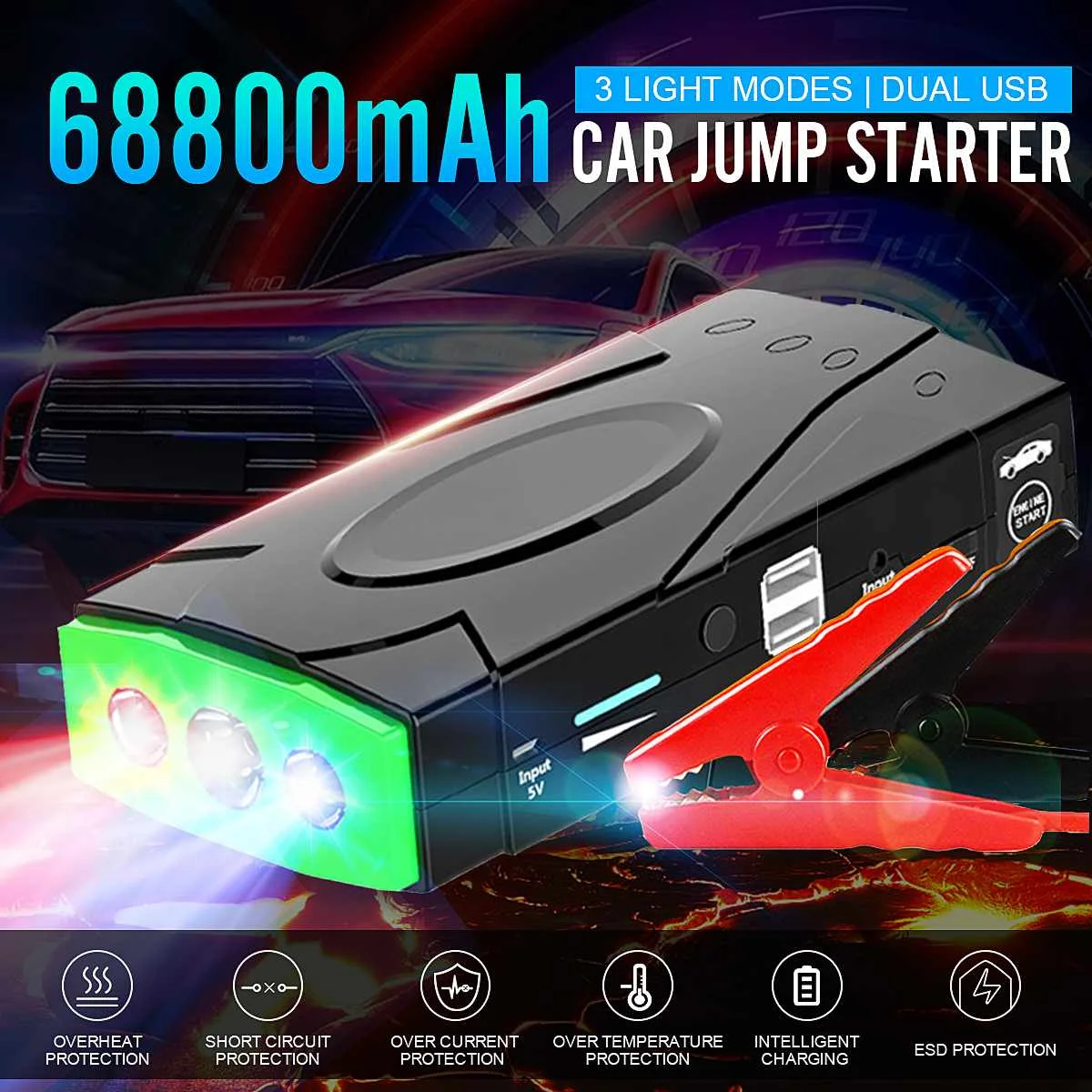 

68800mAh Auto Emergency Starting Device 12v 600A Portable Car Jump Starter Power Bank Battery Booster With USB Charger Led Light