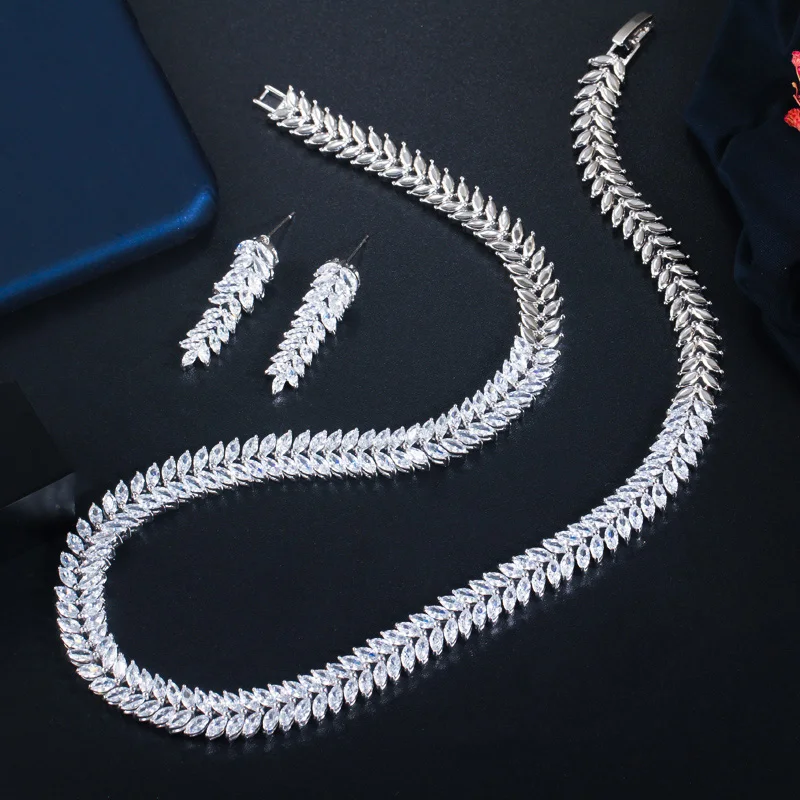 Комплект из колье и серёг с фианитом в форме листьев|necklace earring|bridal necklaceparty jewelry set |