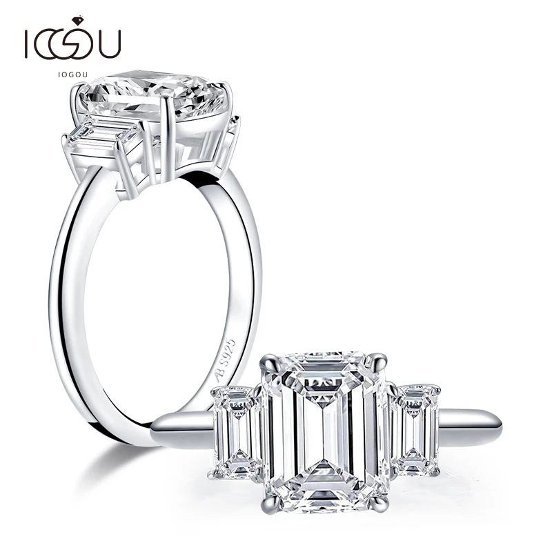 

IOGOU 925 пробы серебро три камня изумрудно-созданный Белый сапфир Обручение кольцо имитация бриллианта обручальное кольцо с бриллиантом ювел...