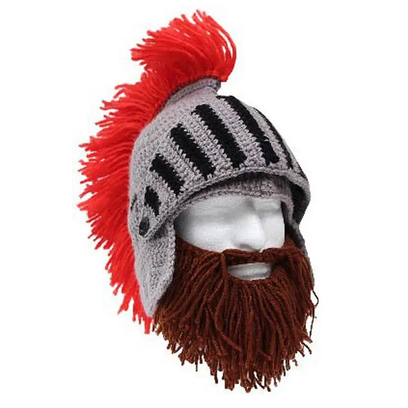 

Novelty Roman Knight Helmet Caps Cool Handmade Knit Beard hats Ski Funny Beanies Warm Winter Hat Men's Women's Party Gifts