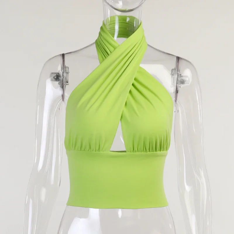 

Summer Halter Neck Tops For Women Deep V-Neck Stitching Vest Sexy Tank Top Backless Off Shoulder Cropped Clubwear Tank Vest