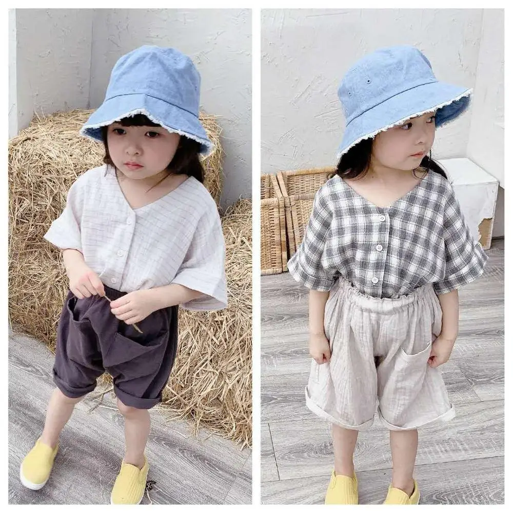 Children's clothing 2020 summer new products girls Korean dress plaid raglan sleeves short-sleeved shirt single breasted | Детская